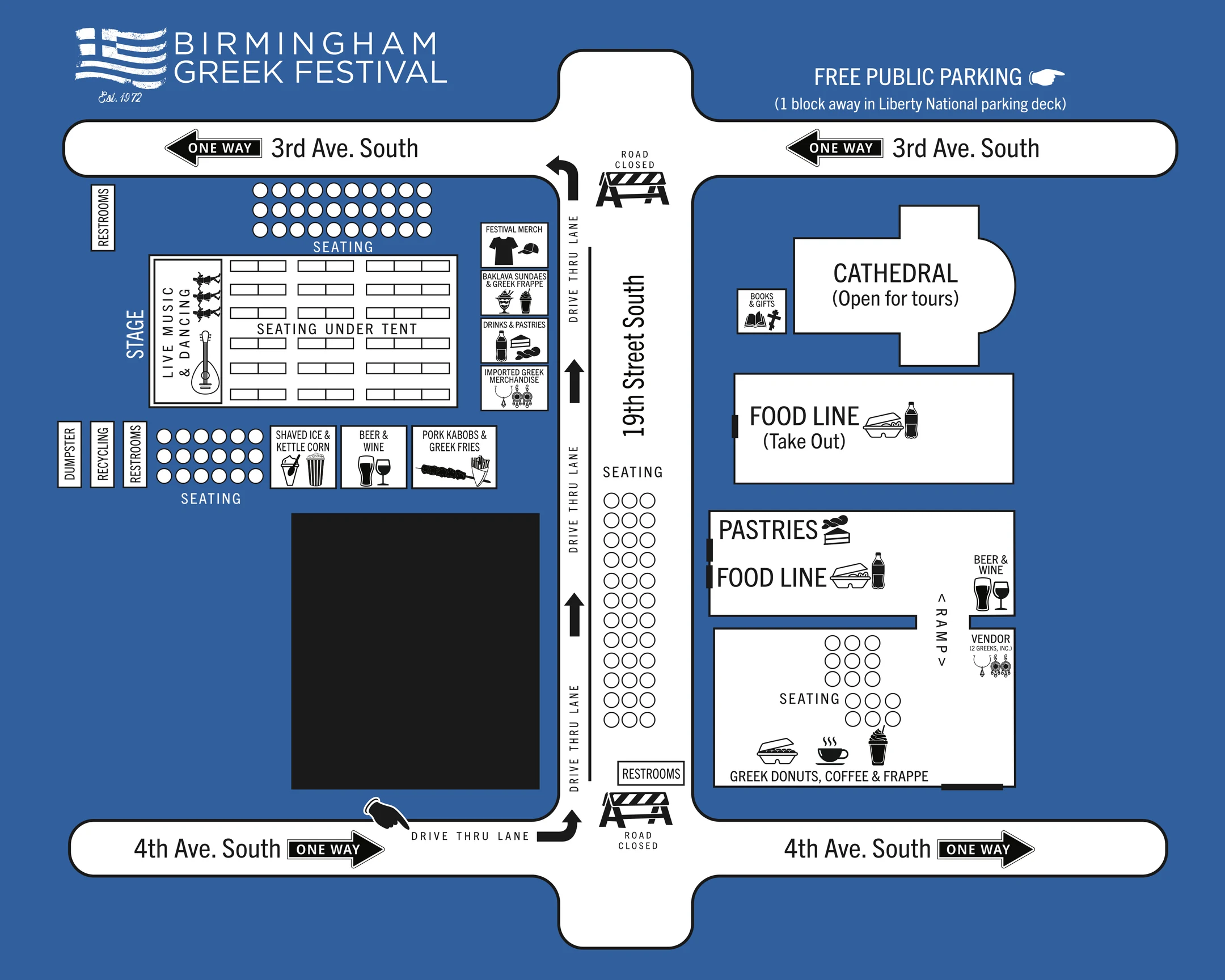 Birmingham Greek Festival 2026 grounds map showing booths, drive-through on 19th Street South, stage, cathedral, and seating